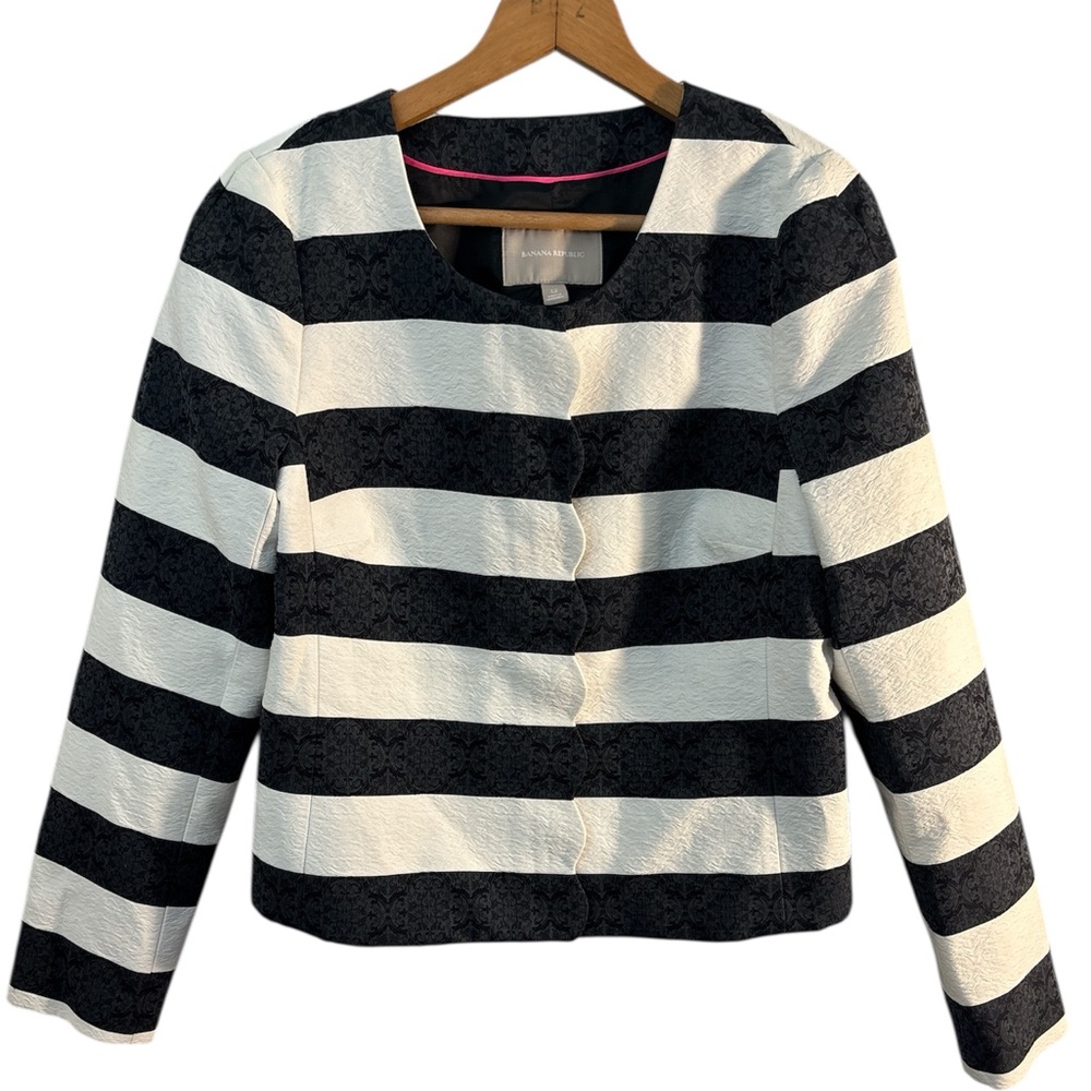 Banana Republic Black White Woven Striped Scalloped Blazer Career Sz 12 Parisian